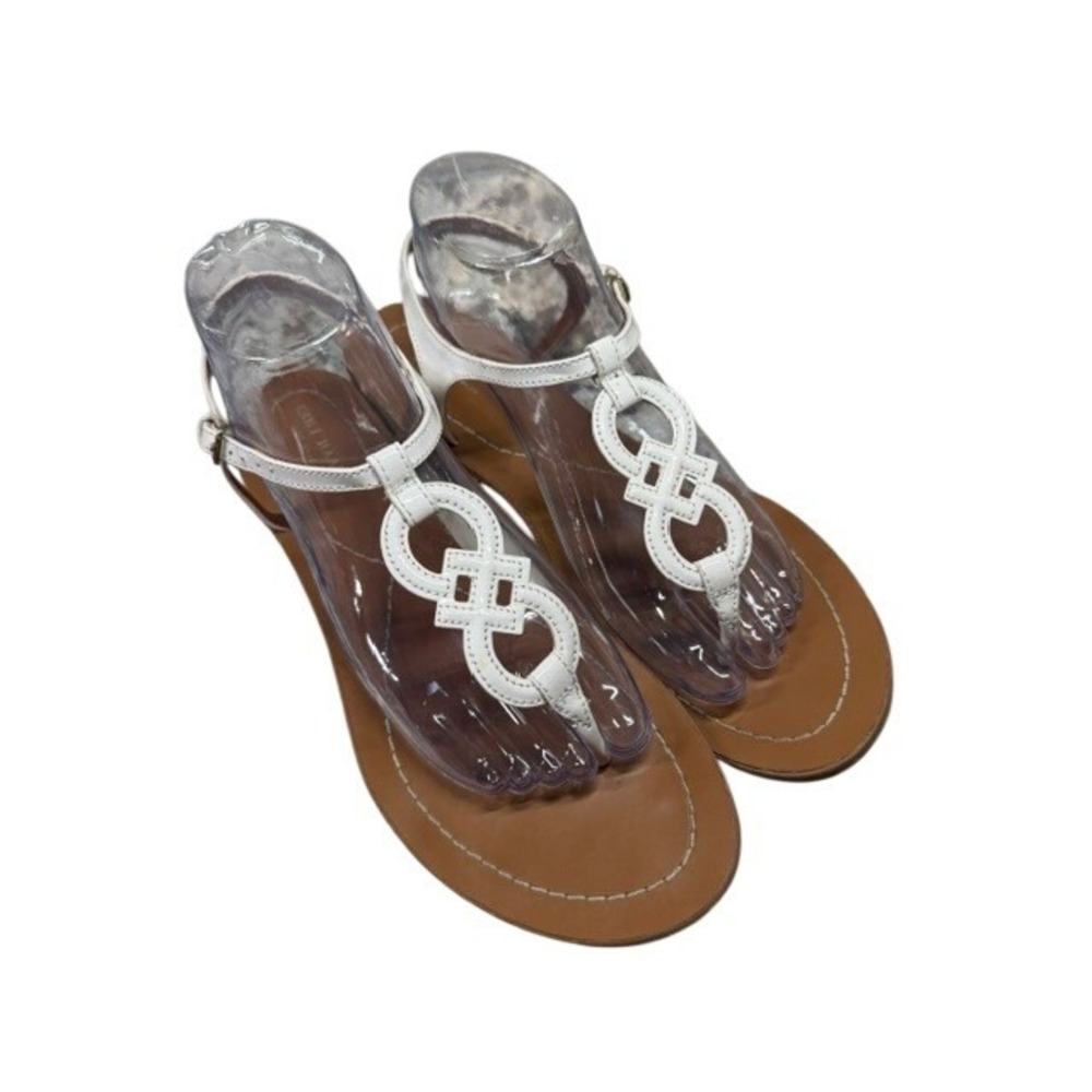 Cole Haan White Leather T-Strap Flat Sandals Geometric Link Womens 10B